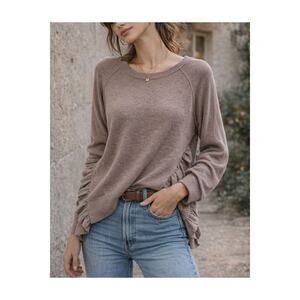 Zara Tan Taupe Side Slit Ruffle Knit Sweater Size M Boho Casual